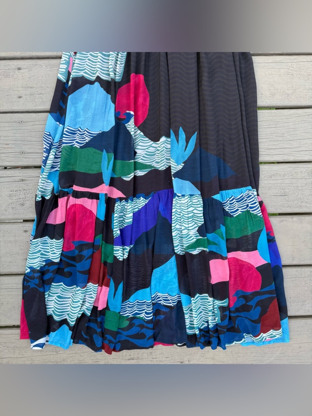 NWT Oliphant Ruffle V-Neck Maxi Dress in Pacifica Waves Print Size M - Picture 6 of 15